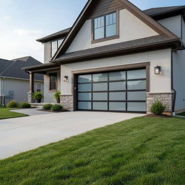 Modern suburban home with a sleek glass panel garage door and clean driveway, showcasing professional garage door installation and curb appeal.